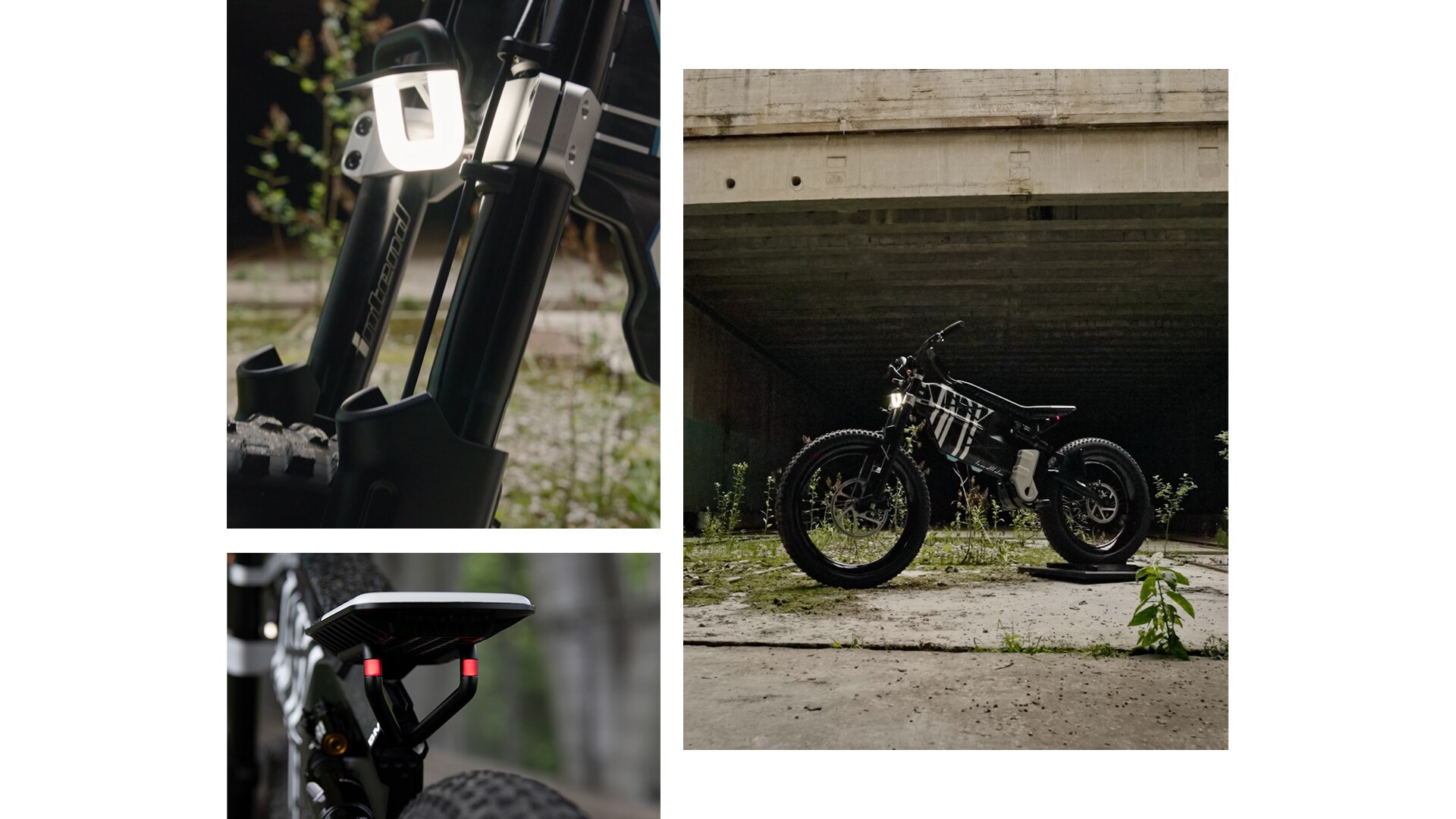 Model BMW Motorrad Vision AMBY se svým neobvyklým vzhledem a mohutnými pneumatikami s výstupky stojí v areálu opuštěné továrny.