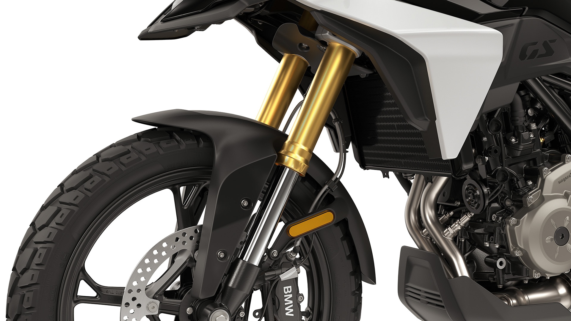 Zlatě eloxovaná 43mm vidlice upside-down motocyklu F 450 GS od BMW Motorrad