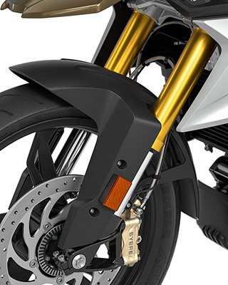 Pohled na zlatě eloxovanou obrácenou vidlici motocyklu G 310 GS.