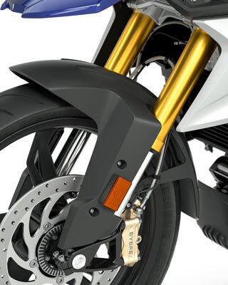 Pohled na zlatě eloxovanou obrácenou vidlici motocyklu G 310 GS.