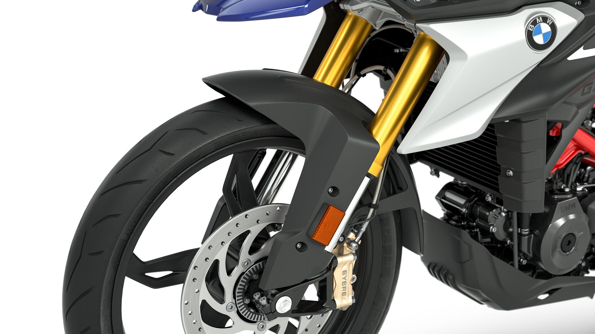 Pohled na zlatě eloxovanou obrácenou vidlici motocyklu G 310 GS.