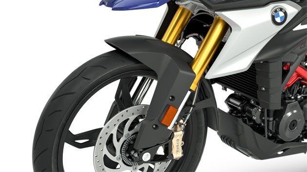 Pohled na zlatě eloxovanou obrácenou vidlici motocyklu G 310 GS.