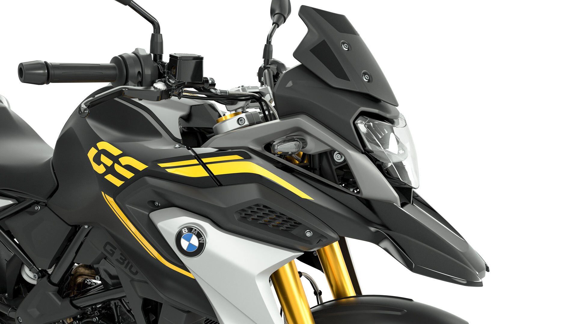 Boční pohled na přední část motocyklu G 310 GS se zaměřením na černě tónovaný čelní štít.