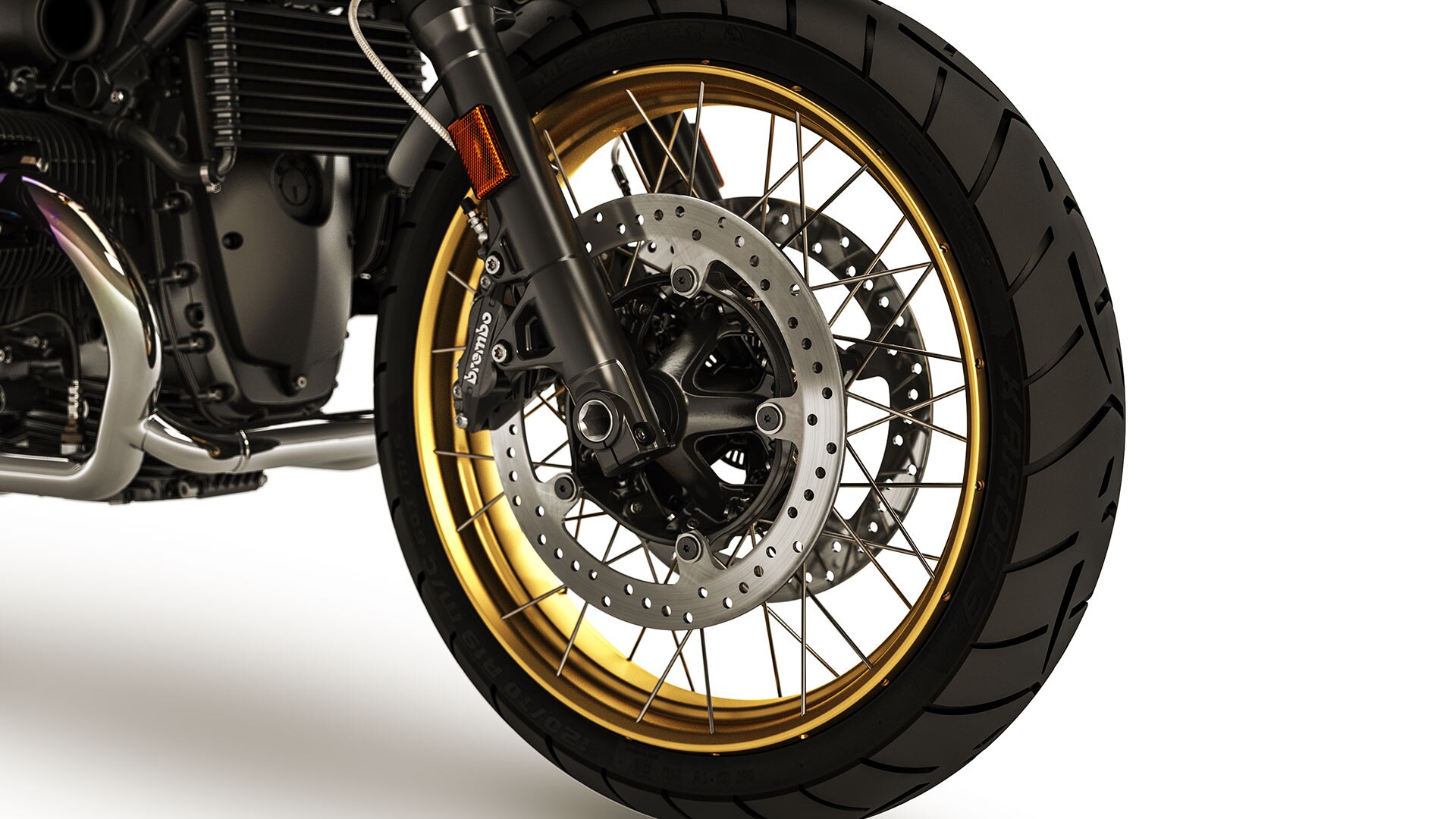 Pohled na zlatý ráfek motocyklu R nineT Urban G/S.