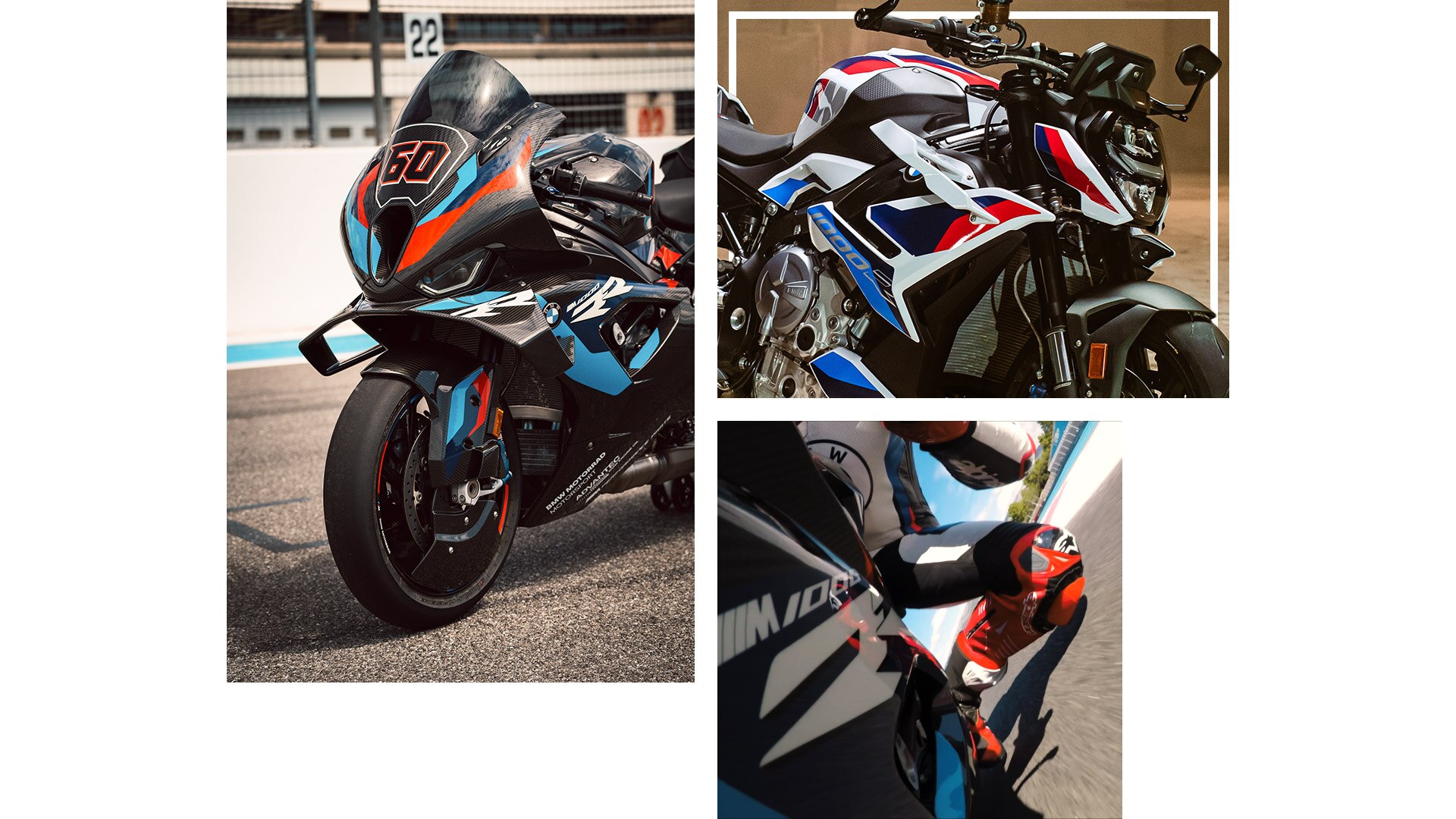 Koláž ze záběrů motocyklu M 1000 RR a M 1000 R.