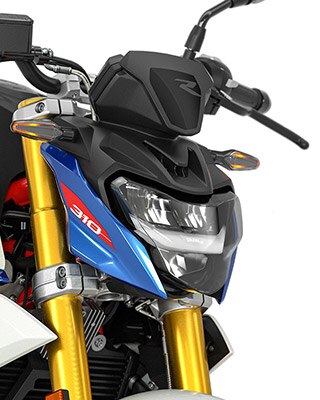 Pohled na sériový LED světlomet a blinkry motocyklu G 310 R.