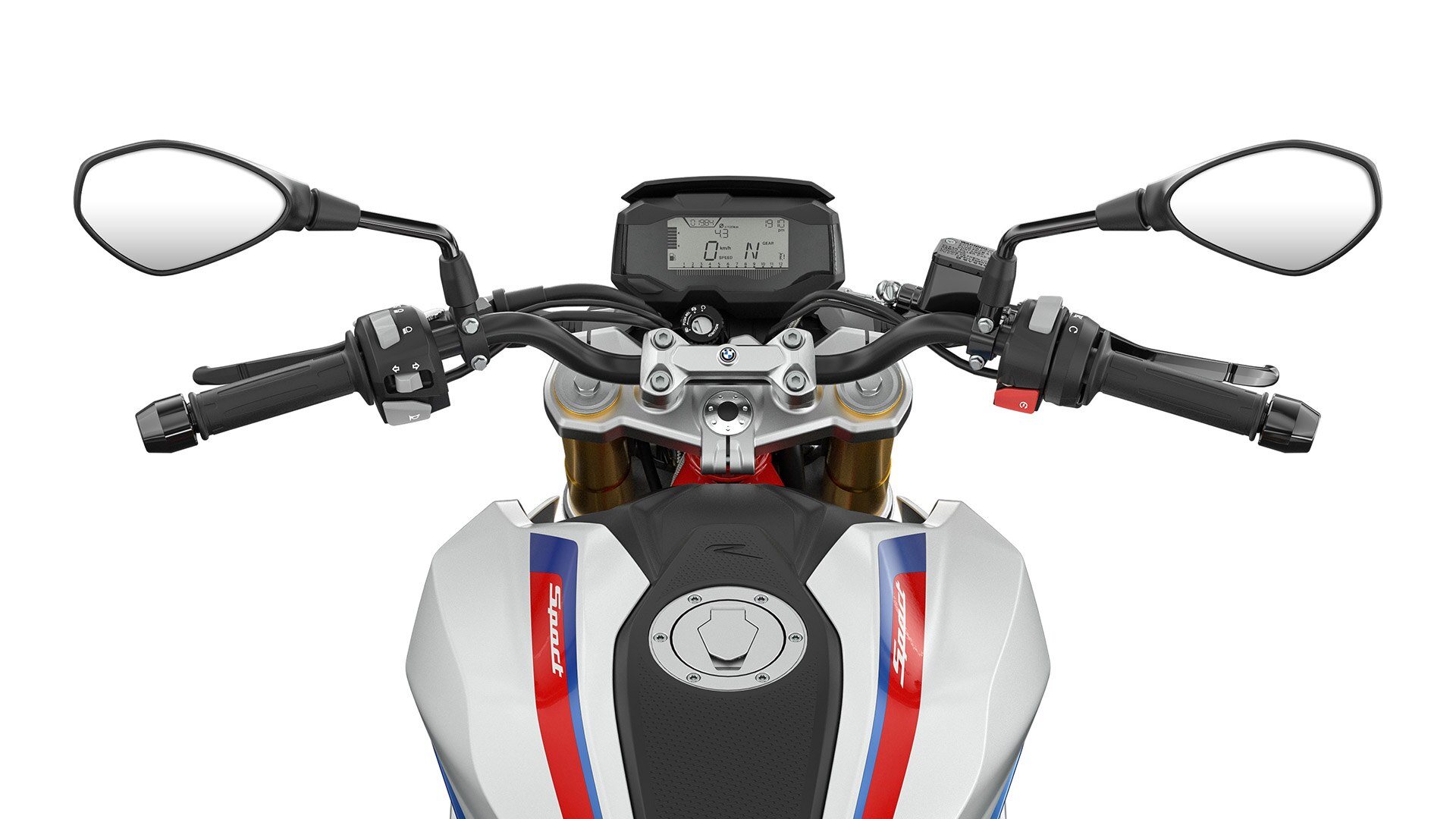 Pohled na řídítka a ovládací prvky motocyklu G 310 R.
