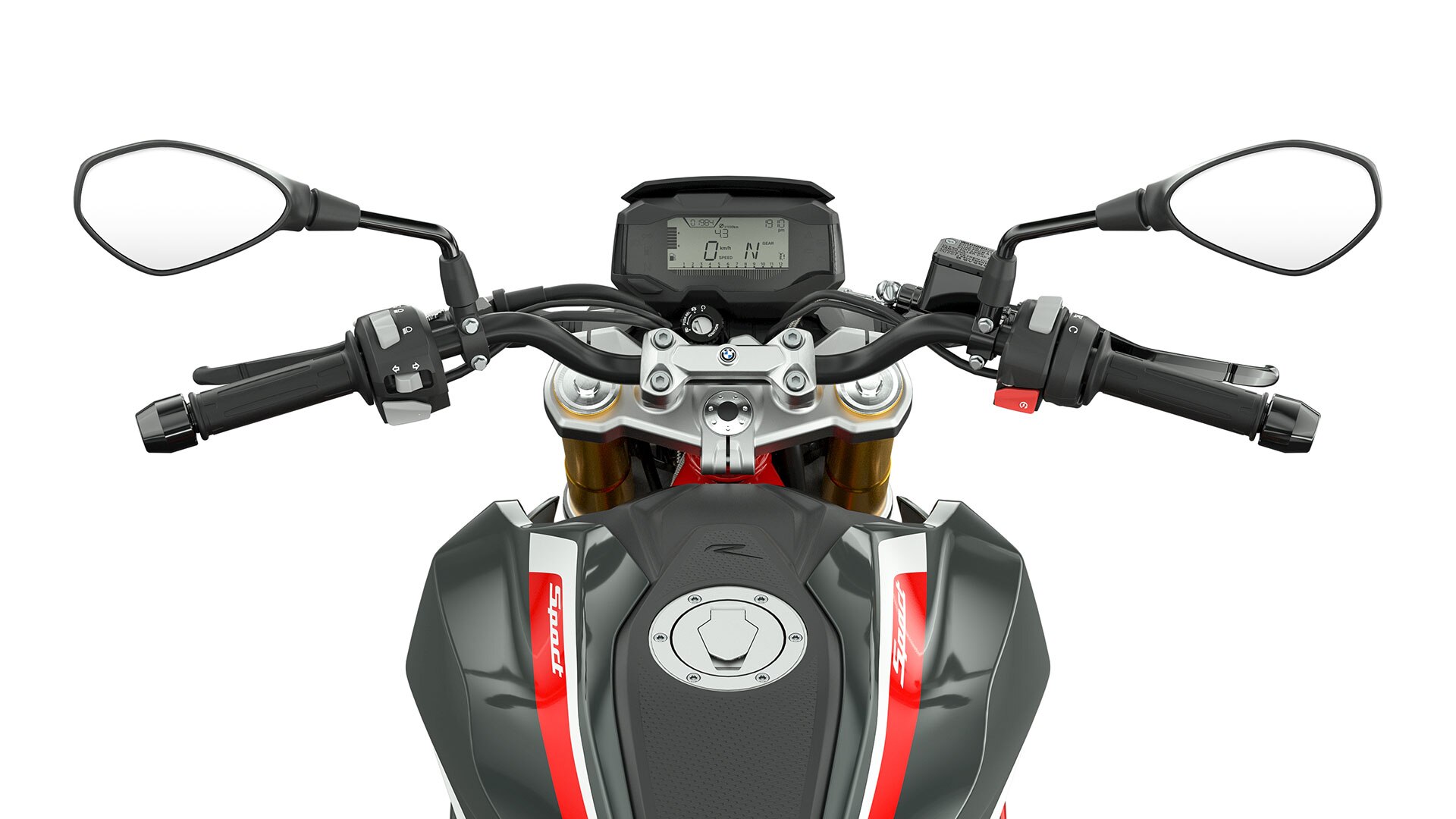 Pohled na řídítka a ovládací prvky motocyklu G 310 R.