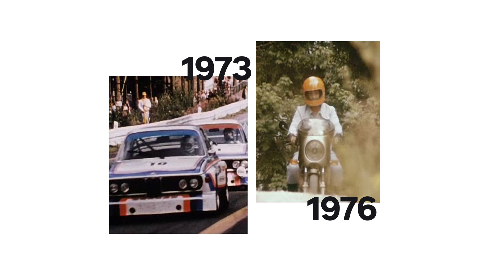 Vlevo historický snímek BMW 3.0 CSL, vpravo BMW R 90 S od Helmuta Dähneho.
