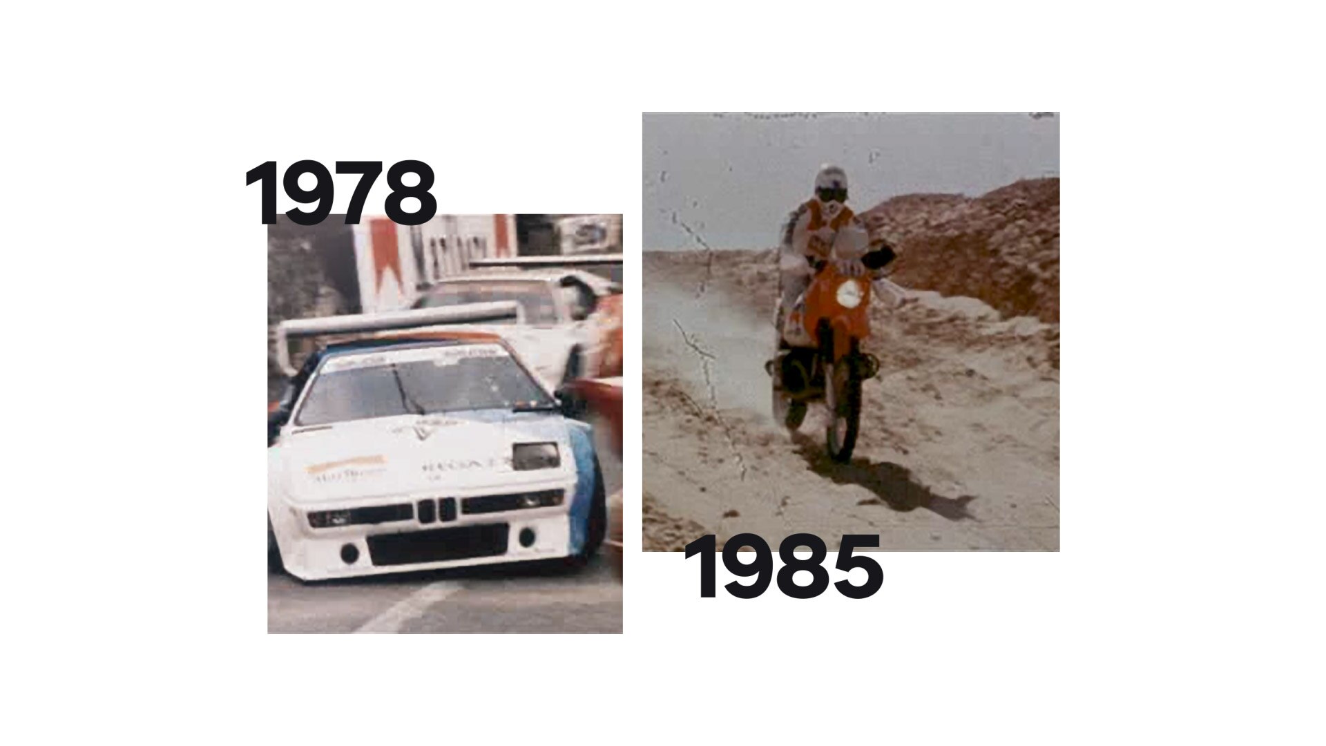 Vlevo historický snímek BMW M1, vpravo legendární stroj Rallye Paris Dakar.