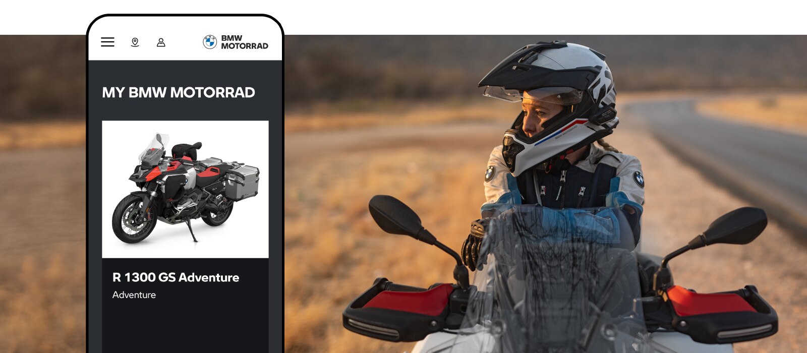 Řidička na motorce BMW Motorrad. Odkazy na Mobile Mockup od BMW Motorrad CarData