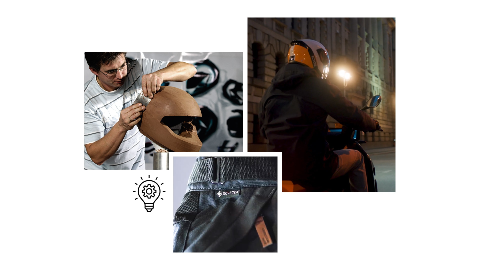 Koláž s inovacemi BMW Motorrad, jako např. bundou Tokyo Connect GTX